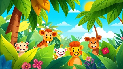 Naklejka premium Adorable cartoon animals in a lush tropical jungle paradise