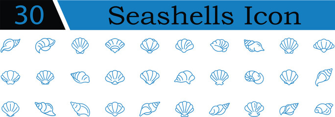 Set of 30 seashells line icon on transparent background