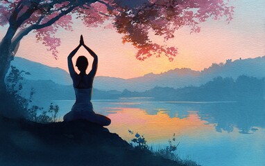 Watercolor painting illustration for International Yoga Day with a serene scene of a woman in a yoga pose. High quality