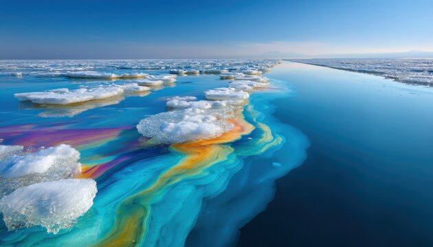 Colorful oil slick on icy water with floating icebergs under a clear blue sky in an arctic landscape. - Powered by Adobe