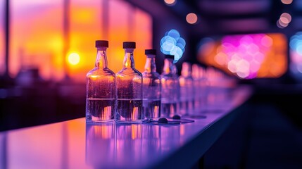 Colorful bottles with reflections in a modern setting featuring warm sunset atmosphere