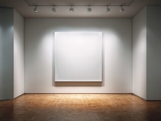 A minimalist gallery interior with a large, blank, square canvas centered on a white wall, illuminated by track lighting, hardwood floor