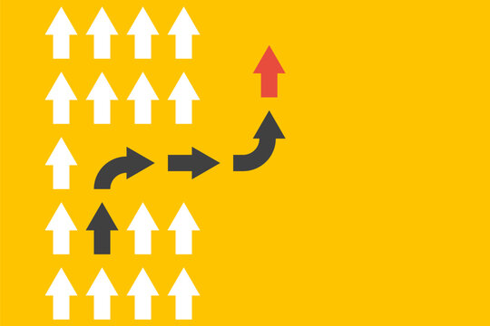 white arrows group in one direction and black arrows with different way, business innovations or new strategy vector concept, follow leader illustration, change game rules