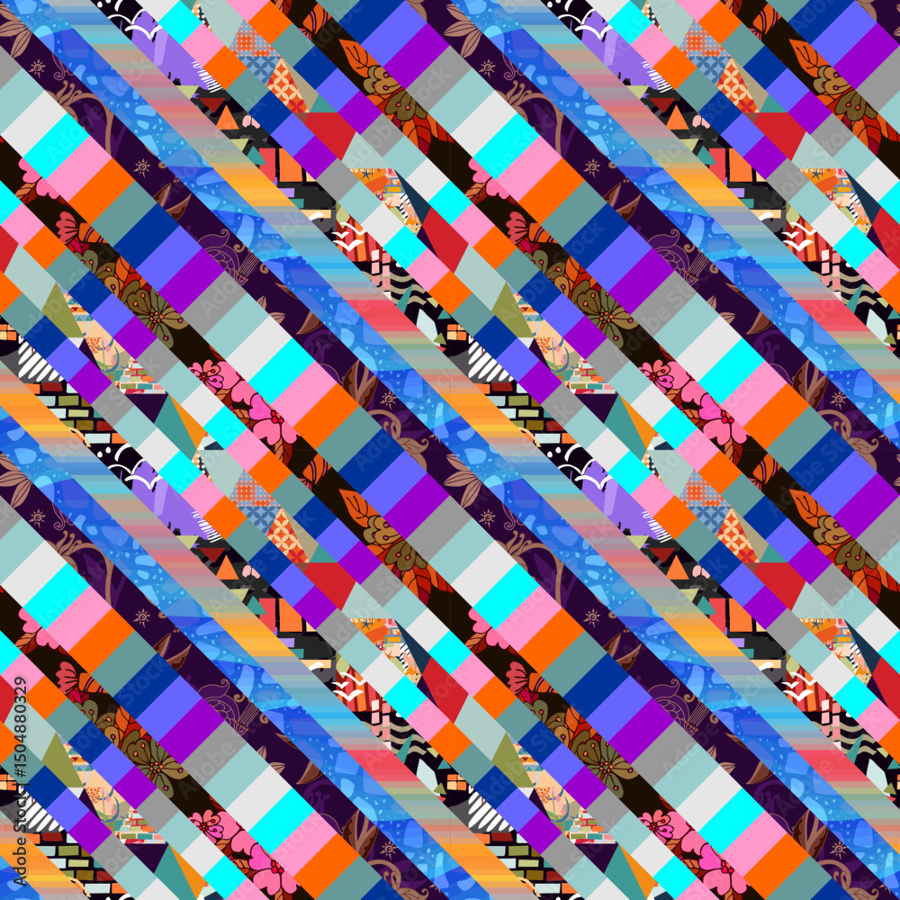 Wall mural unusual seamless checkered pattern with flowers, leaves and abstract ornaments in vector. bright des