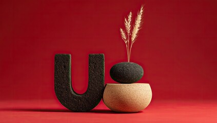 Dark U-shaped form, beige bowl, dark stone, pampas grass, red background; minimalist still life