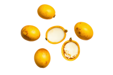 Vibrant bacuri halves flat-lay isolated on transparent background, ideal for smoothie mix labels and health-blog headers