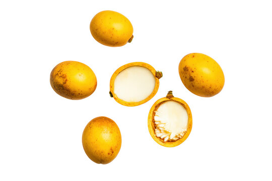 Vibrant bacuri halves flat-lay isolated on transparent background, ideal for smoothie mix labels and health-blog headers