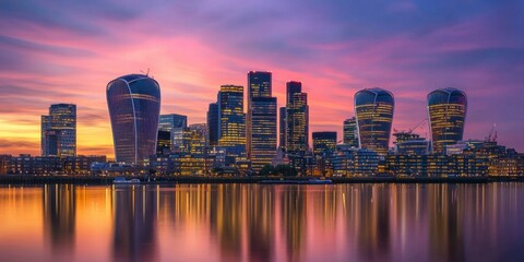 Obraz premium A city skyline glowing in the golden hour, with reflections on glass buildings