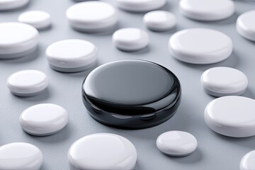 A single, glossy black disc rests among numerous smaller, matte white discs on a gray surface