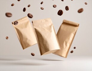 Custom AI Model 크리프트 포장지와 위에서 쏟아지는 커피 원두 Kraft packaging and coffee beans pouring from above