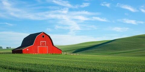Obraz premium A classic red barn standing in a vast green pasture, with rolling hills in the background