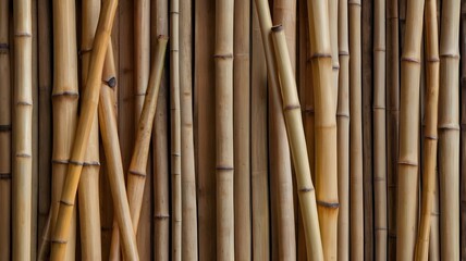 Naklejka premium Abstract background of irregular crossed bamboo sticks in natural brown color, rustic and organic style