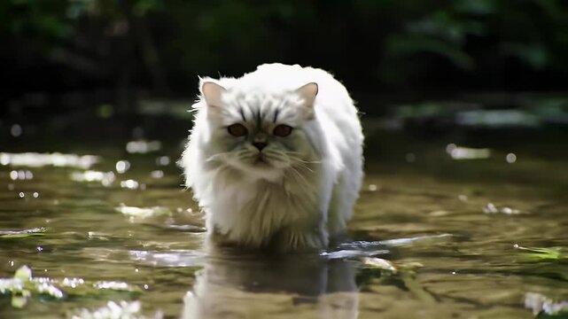 Curious cat walking through a glittering pond under golden sunlight