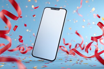 A sleek smartphone with blank screen floats amidst celebratory red ribbons and gold confetti on a light blue background