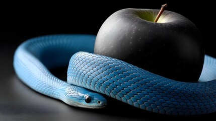 Obraz premium Ethereal Blue Snake Wrapped Around Black Apple