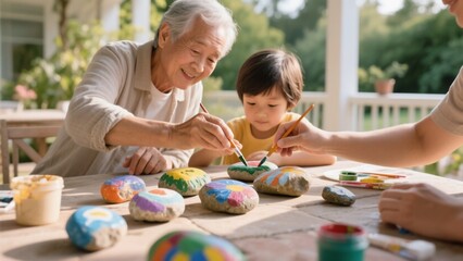 Grandfather and Grandchild Painting Rocks