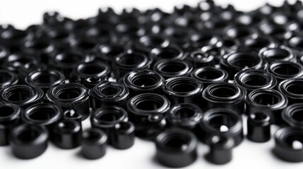 Close up of multiple black mechanical components on white background