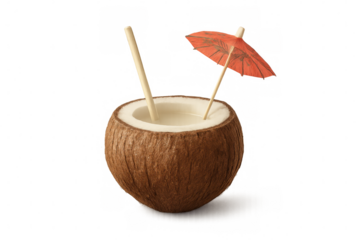 Chilled coconut water served inside raw coconut shell, garnished with bright cocktail umbrella and drinking straw, white background