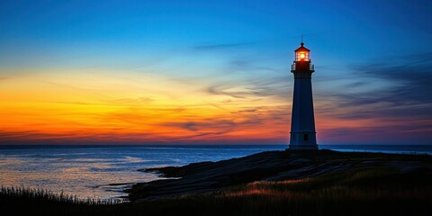 A coastal lighthouse illuminated at sunset, guiding ships safely to shore