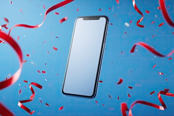 A sleek smartphone floats amidst a celebratory flurry of red ribbons and confetti against a vibrant blue backdrop