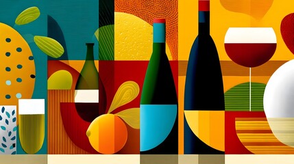 Cubist-inspired wine and cheese still life artwork