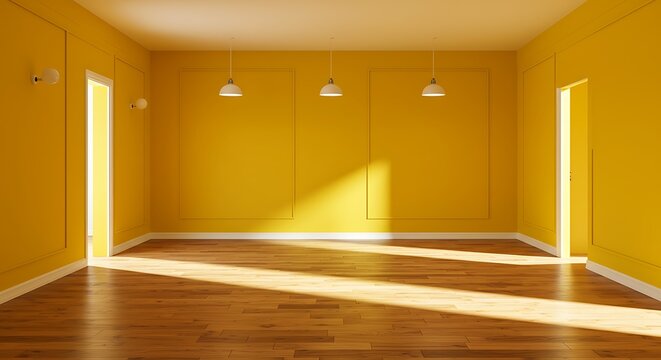 Empty room with yellow wall with lapms and wood floor