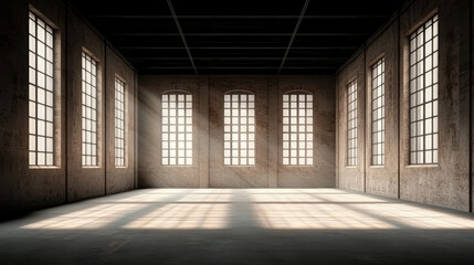 Spacious industrial interior with large windows casting light on concrete floor, creating serene atmosphere. high ceiling and brick walls add to open, airy feel