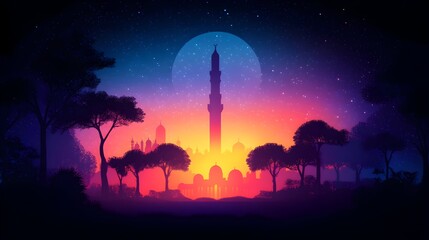 Naklejka premium Silhouetted mosque at night, vibrant colors, trees