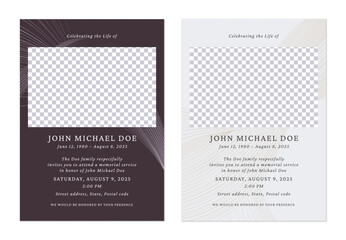 Minimalist funeral memorial service invitation templates in dark purple and light gray feature abstract lines and a rectangle placeholder for a photo. The overall tone is somber and respectful