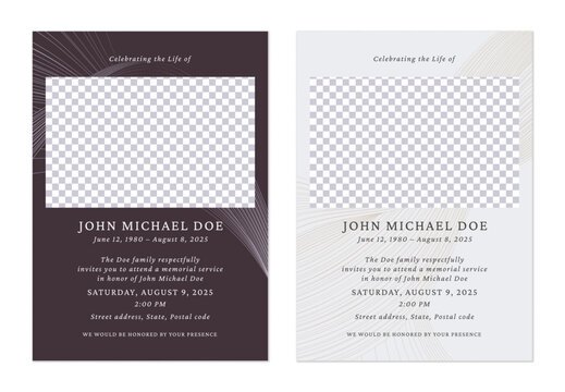 Minimalist funeral memorial service invitation templates in dark purple and light gray feature abstract lines and a rectangle placeholder for a photo. The overall tone is somber and respectful