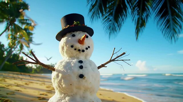 Snowman standing alone on a tropical beach