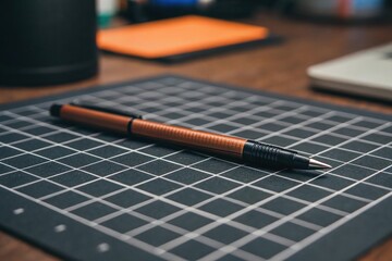 Close up of a pen on a cutting mat on a wooden desk