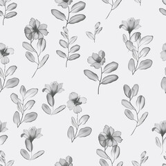 Floral seamless pattern features translucent flowers in shades of gray on a light gray background. The flowers and leaves have a painterly, slightly abstract quality