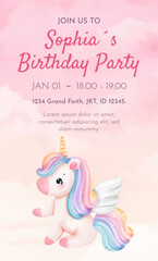 Watercolor Illustration Unicorn Animal Girl Birthday party card template design