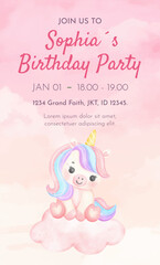 Watercolor Illustration Unicorn Animal Girl Birthday party card template design