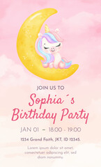 Watercolor Illustration Unicorn Animal Girl Birthday party card template design