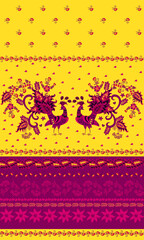 Fabulous birds, leaves, berries, tiny flowers, ornamental stripes with hearts and plant pattern on sunny yellow and magenta background. Seamless horizontal border. Beautiful boho fabric print.