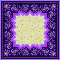 Beautiful bandana print with fairy birds, paisley, ornamental print and small flowers. Silk neckerchief or scarf with square pattern in boho style.