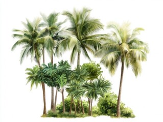 Tropical Palm Grove, Lush Greenery, Watercolor Painting