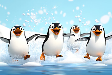 Naklejka premium Four animated penguins joyfully splashing through icy waters under a clear blue sky