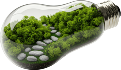 Miniature Garden Ecosystem Inside a Light Bulb Green Moss Stones Eco Friendly Concept