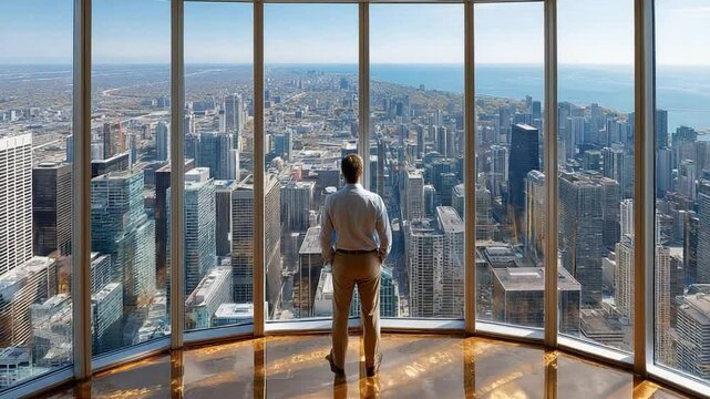Visionary in the Skyline: A man stands before a panoramic view of a bustling city, gazing out through expansive windows as he contemplates the future and his place within the metropolitan landscape. 