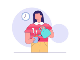 Woman is pouring tea. Tea illustration. Flat outline vector illustration concept.