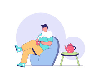 Man is sitting relaxing while enjoying hot tea. Tea illustration. Flat outline vector illustration concept.