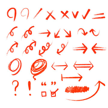 A collection of arrows, circles, and symbols drawn with  red colored pencils and crayons on rough surfaces