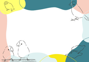 手描きの四羽の文鳥とカラフルなおしゃれフレーム