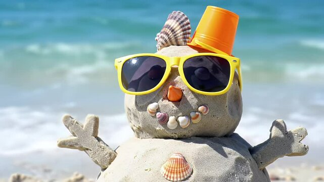 A cheerful sand snowman built on a tropical beach