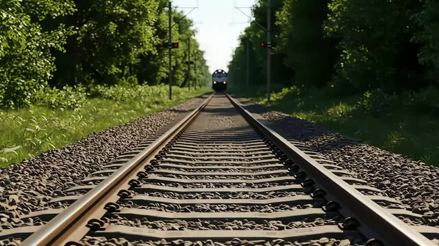 Train travels rail track next to green trees forest. Locomotive on railroad. Transportation industry, nature, journey. Scenic railway trip. Clean environment. Travel concept.