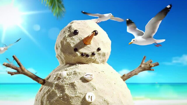 A cute sand snowman built from sparkling white beach sand