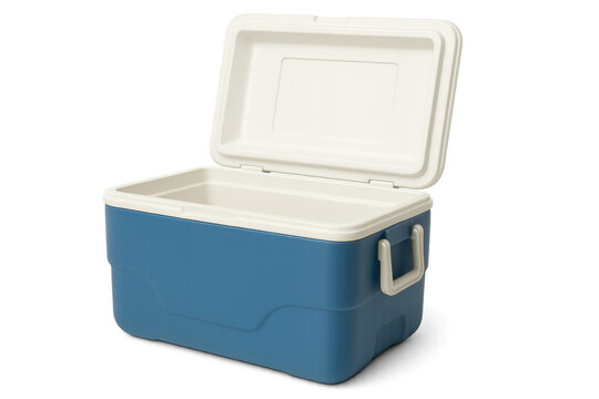 Blue portable ice chest cooler box opened and isolated on transparent background, ready for summer